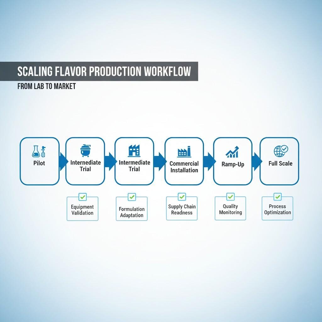 Explorez un diagramme de flux de travail complet détaillant les étapes de mise à l'échelle de la production d'arômes, des essais pilotes à l'exploitation commerciale à grande échelle. Ce visuel met en évidence les points de contrôle critiques tels que la validation des équipements, l'adaptation de la formulation, la préparation de la chaîne d'approvisionnement et le contrôle de la qualité, présentés dans un style d'entreprise clair.