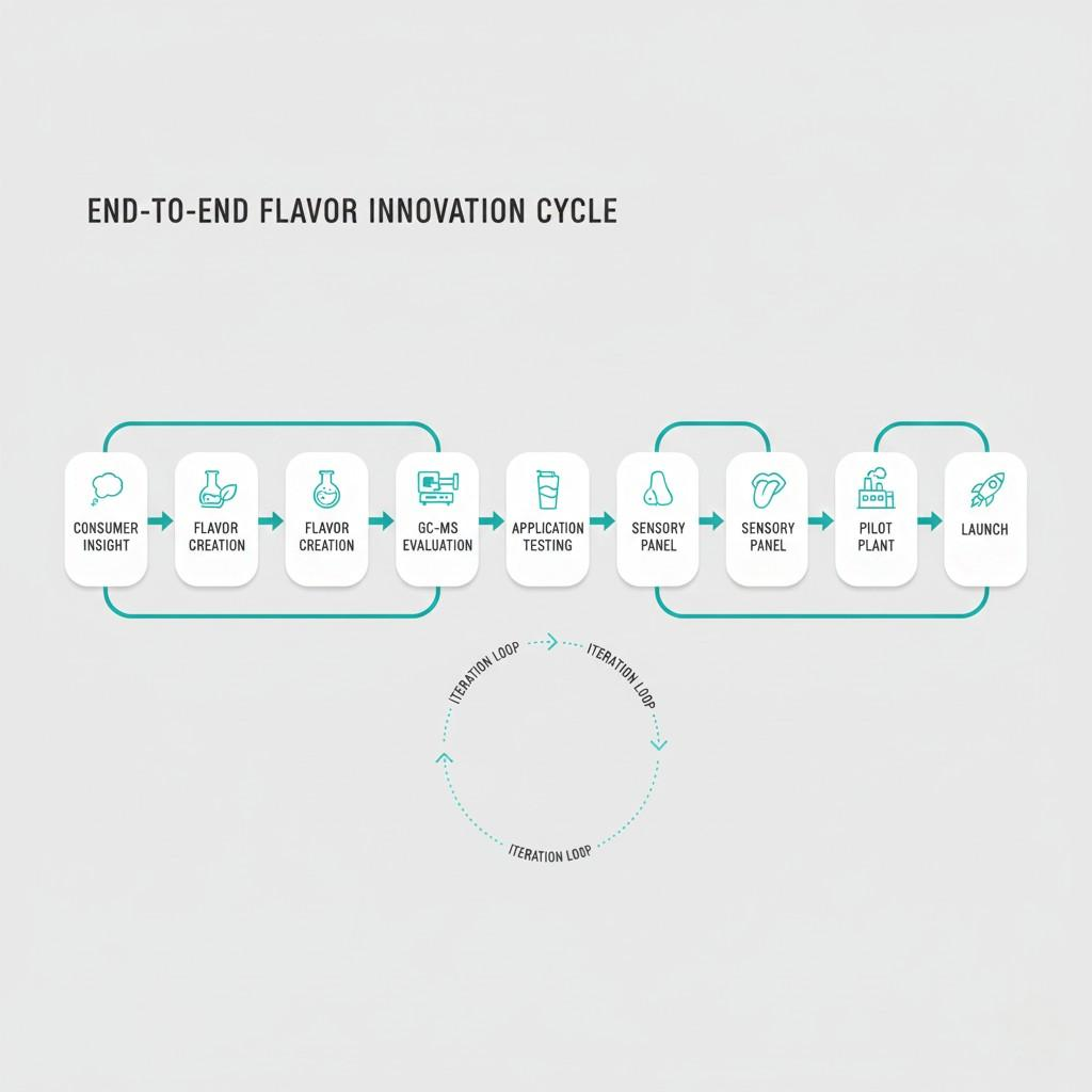 Un organigramme de processus clair illustrant le cycle de collaboration de bout en bout pour l'innovation en matière d'arômes, depuis la connaissance initiale du consommateur et la création d'arômes jusqu'à l'évaluation GC-MS, les tests d'application, les panels sensoriels, la production en usine pilote et le lancement du produit final.