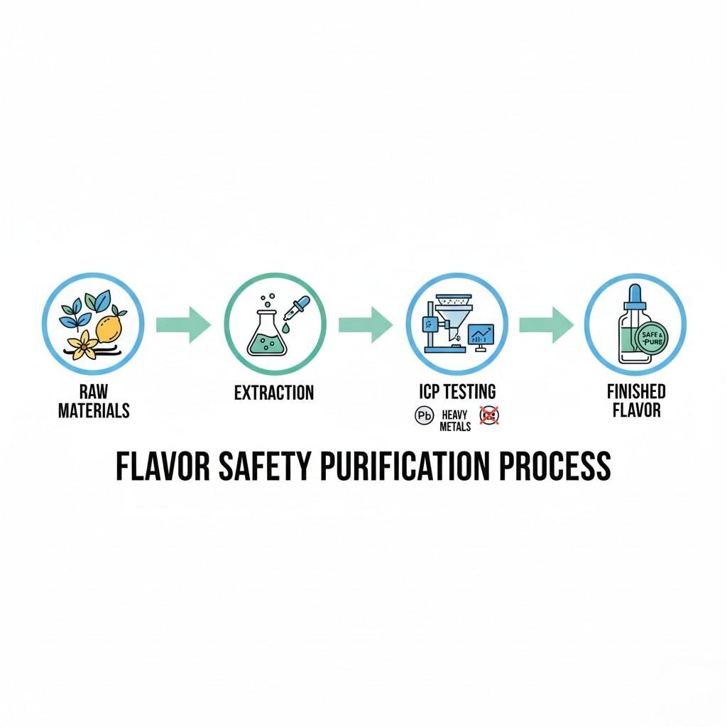 Une infographie visuelle claire illustrant les étapes clés de purification pour garantir la sécurité des arômes. Le processus va des matières premières à l'extraction, à la filtration, aux tests ICP rigoureux pour les métaux lourds, aboutissant à un produit aromatique fini sûr et de haute qualité.