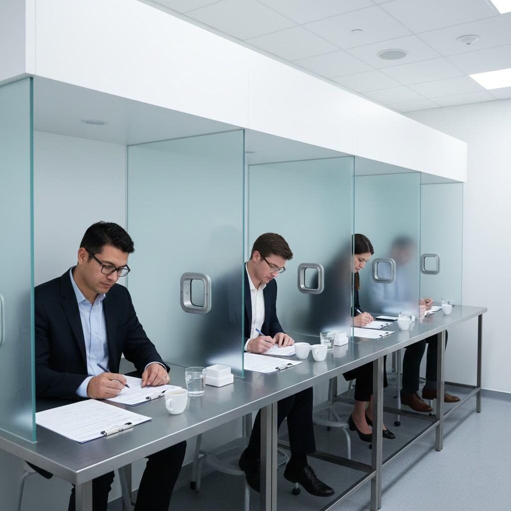 Image d'une salle d'évaluation sensorielle contrôlée où des panélistes formés notent méticuleusement l'intensité de la saveur, la persistance de l'arôme, l'équilibre sucré et l'appréciation globale à l'aide de fiches sensorielles standardisées dans des cabines individuelles, garantissant une évaluation objective et cohérente du produit.