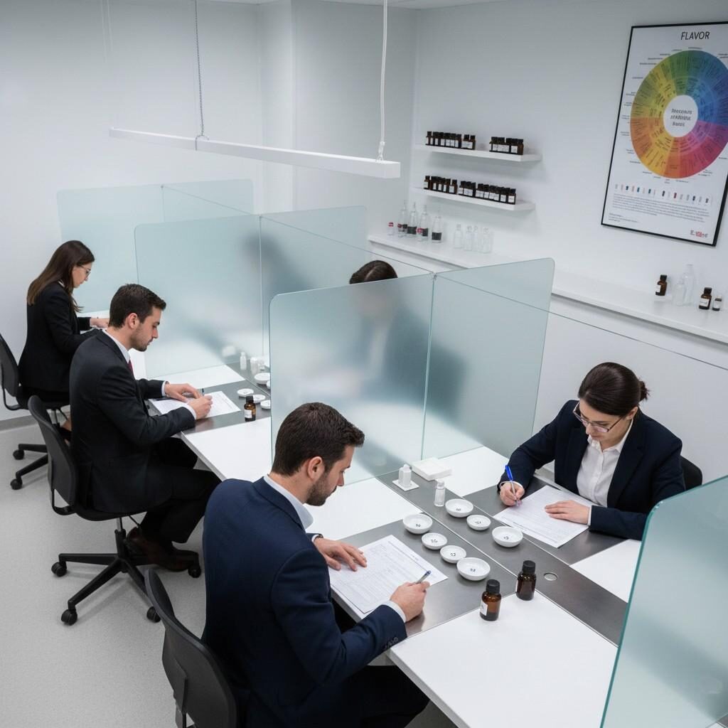 Image d'un centre d'évaluation sensorielle professionnel où des panélistes formés effectuent une analyse descriptive, notant méticuleusement les produits à l'aide de formulaires standardisés et de références aromatiques dans un environnement contrôlé pour garantir une évaluation précise et objective de la saveur.