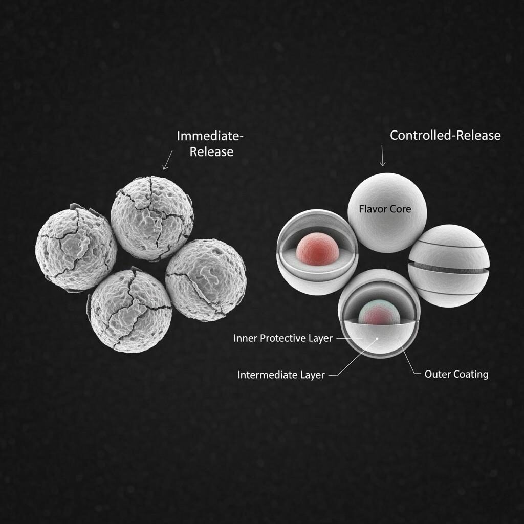Cette comparaison visuelle présente des particules aromatiques microencapsulées sous grossissement, mettant en évidence les différences structurelles entre les conceptions à libération immédiate et à libération contrôlée. Observez les couches de revêtement protecteur et le noyau d'arôme interne, illustrant comment les technologies d'encapsulation avancées sont utilisées pour améliorer la stabilité et la diffusion de l'arôme dans diverses applications.