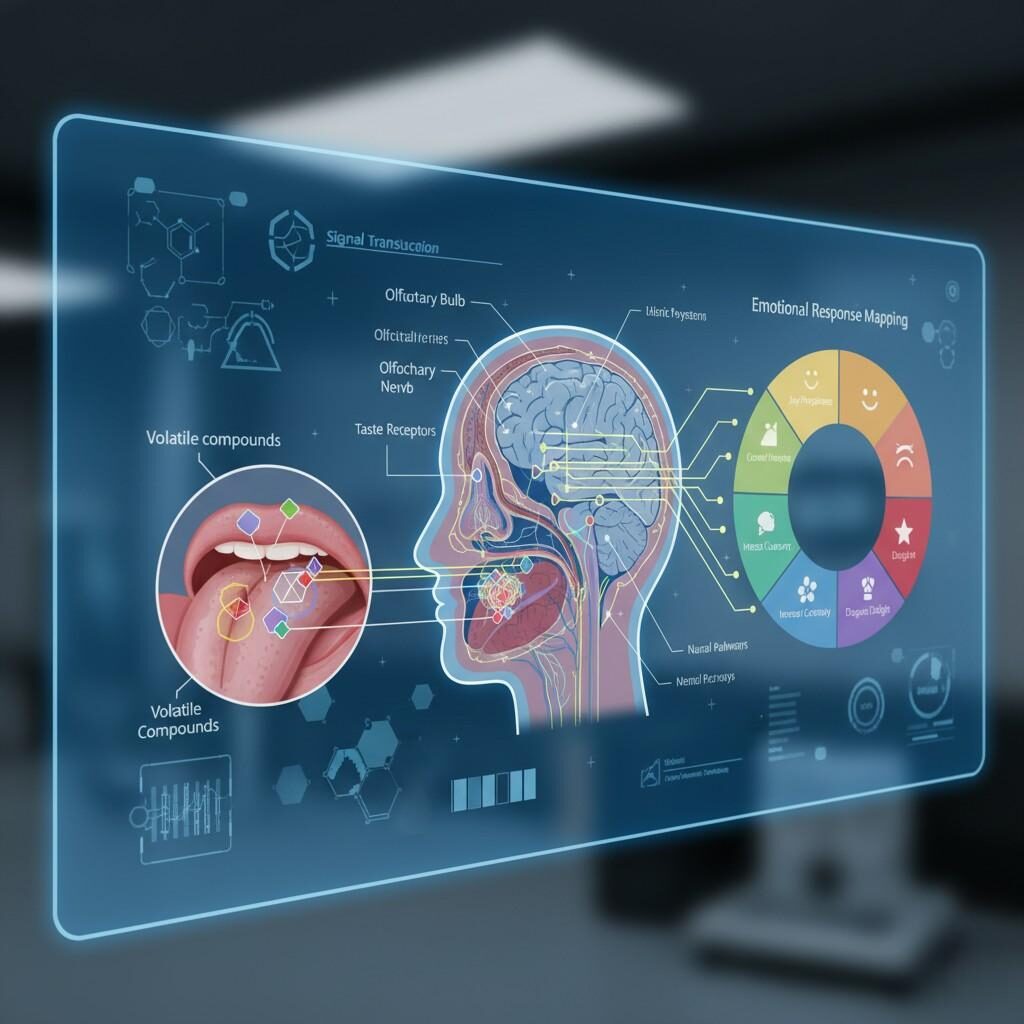 Une illustration technique détaillée illustrant le processus complexe de perception des saveurs. Il montre des composés volatils interagissant avec les récepteurs du goût et les nerfs olfactifs, cartographiant ces entrées sensorielles au cerveau et les connectant finalement à diverses réactions émotionnelles, donnant ainsi un aperçu de la relation complexe entre le goût, l'odorat et l'émotion.