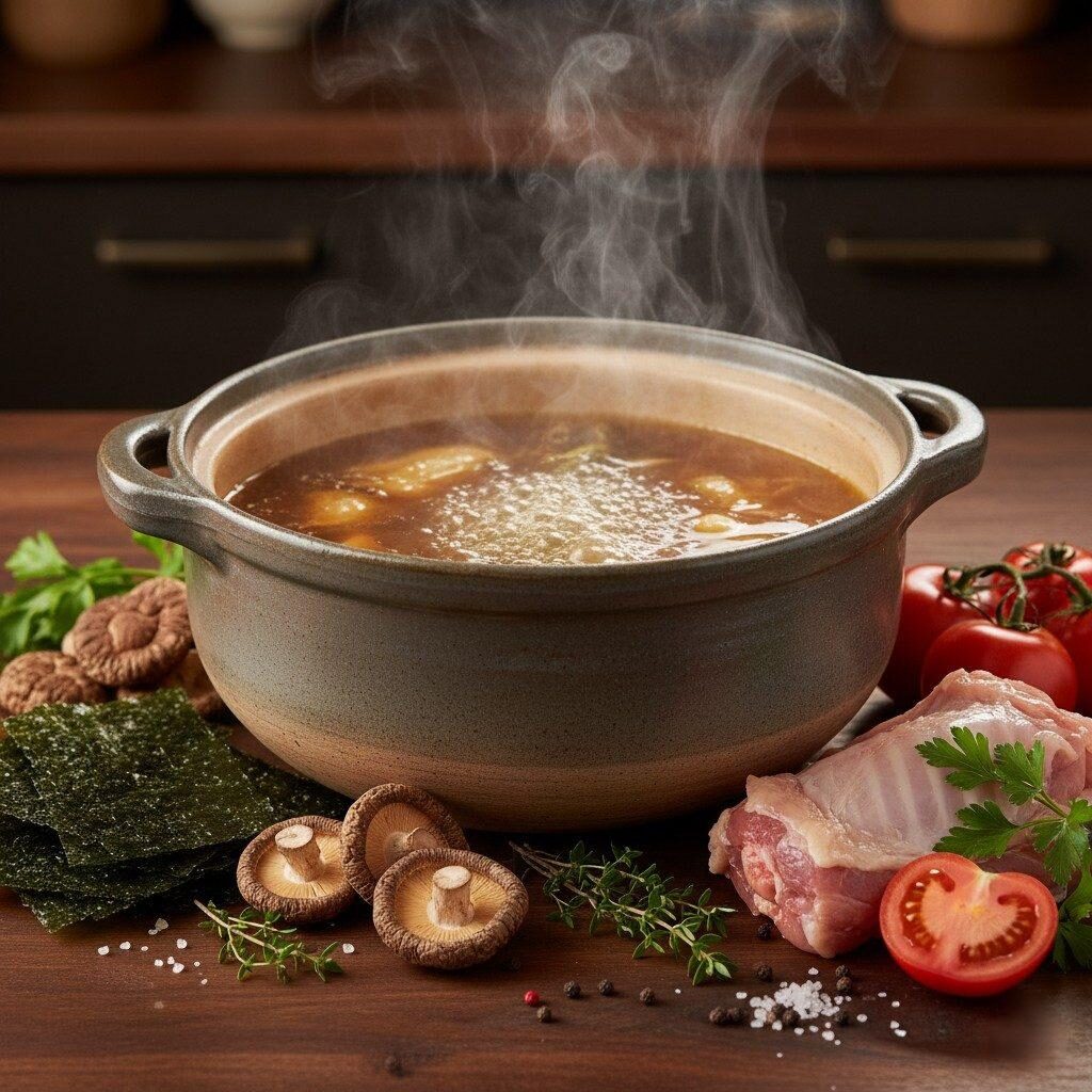 Une photo professionnelle et invitante d’une marmite de bouillon frémissante, dégageant de la chaleur et des arômes riches. Autour du pot se trouvent des ingrédients frais et naturels riches en umami : du kombu séché, des champignons shiitake, des os de poulet crus et des tomates mûres, tous contribuant à un bouillon profondément savoureux et nutritif. Parfait pour les blogs culinaires, les sites de recettes et l'inspiration culinaire.