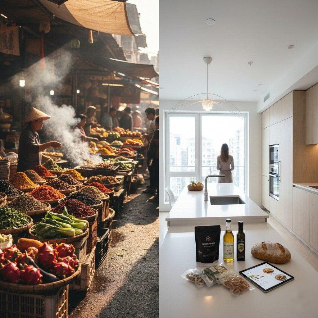Cette image divisée saisissante présente un contraste convaincant entre les cultures culinaires. D'un côté, plongez-vous dans le chaos vibrant d'un marché asiatique traditionnel, regorgeant d'épices et d'ingrédients frais. De l’autre, observez le design épuré et minimaliste d’une cuisine occidentale moderne, mettant en avant les tendances de la commodité et de la gastronomie.