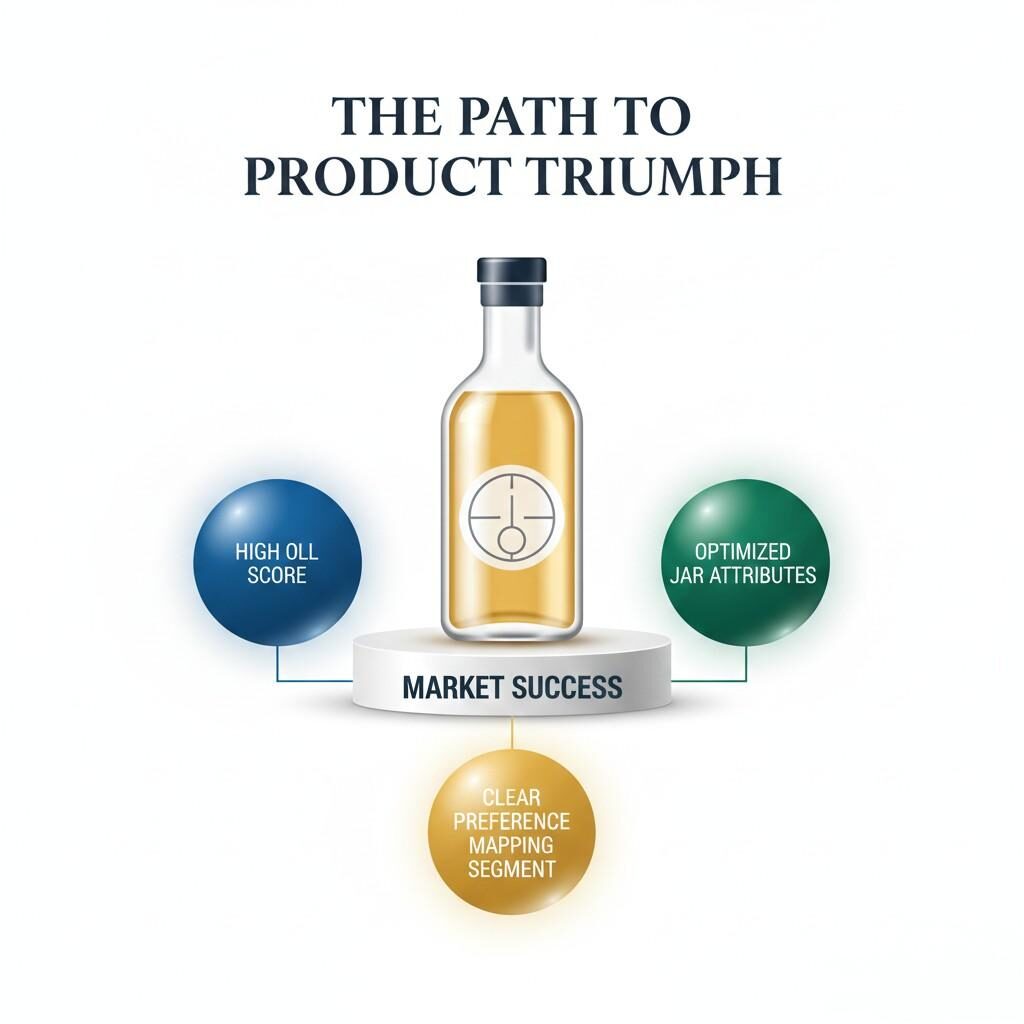 Ce graphique conceptuel illustre « Le chemin vers le triomphe du produit », présentant un produit à succès sur un piédestal « Succès sur le marché ». Il met en évidence les trois points de données cruciaux qui conduisent au succès sur le marché : un « score OLL élevé » (appréciation globale), des « attributs JAR optimisés » (à peu près correct) et un « segment de cartographie des préférences clair ». Cette infographie souligne comment ces informations clés contribuent au succès du développement de produits et à la performance du marché.