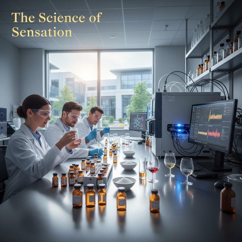Aromatistes professionnels dans un laboratoire moderne utilisant la chromatographie en phase gazeuse et l'analyse sensorielle pour déconstruire les profils aromatiques. Cela illustre la précision technique requise pour créer des saveurs qui évoquent des réponses émotionnelles spécifiques.