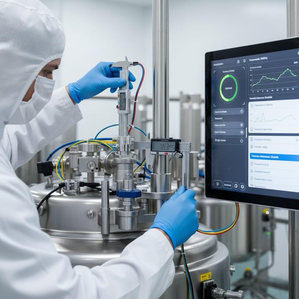 Une image en gros plan montrant un technicien portant une blouse de laboratoire et des gants inspectant et calibrant méticuleusement l’équipement de mélange d’arômes. Un écran de contrôle à proximité affiche bien en évidence les tableaux de bord numériques et les données des capteurs, renforçant le rôle essentiel de la maintenance prédictive, de l'intégration de l'IoT et de la surveillance en temps réel dans la production d'arômes moderne pour une efficacité accrue et une réduction des temps d'arrêt.