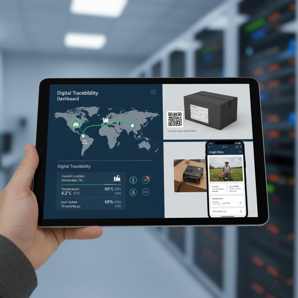 Découvrez les technologies de pointe qui favorisent la traçabilité moderne de la chaîne d'approvisionnement. Cette image présente un tableau de bord de traçabilité numérique avec des données de capteurs IoT en temps réel, un code QR sur l'emballage reliant l'histoire d'origine d'un produit, mettant en évidence les outils avancés utilisés pour améliorer la transparence et le suivi de la ferme au consommateur.