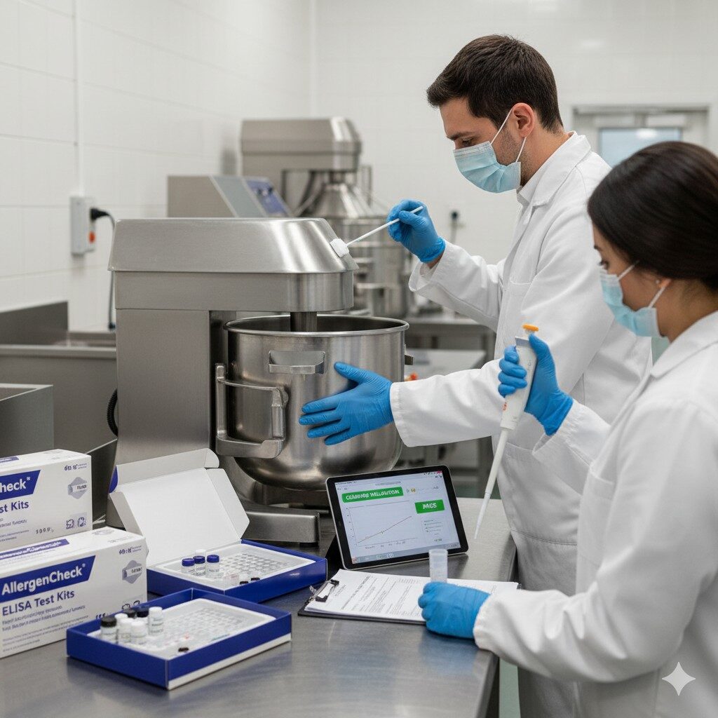 Découvrez les meilleures pratiques en matière de tests de résidus d'allergènes et de validation du nettoyage dans la fabrication alimentaire. Cette image illustre l'écouvillonnage et l'analyse de la surface de l'équipement à l'aide de kits de test ELISA ou PCR pour garantir un nettoyage efficace et améliorer les protocoles de sécurité alimentaire.