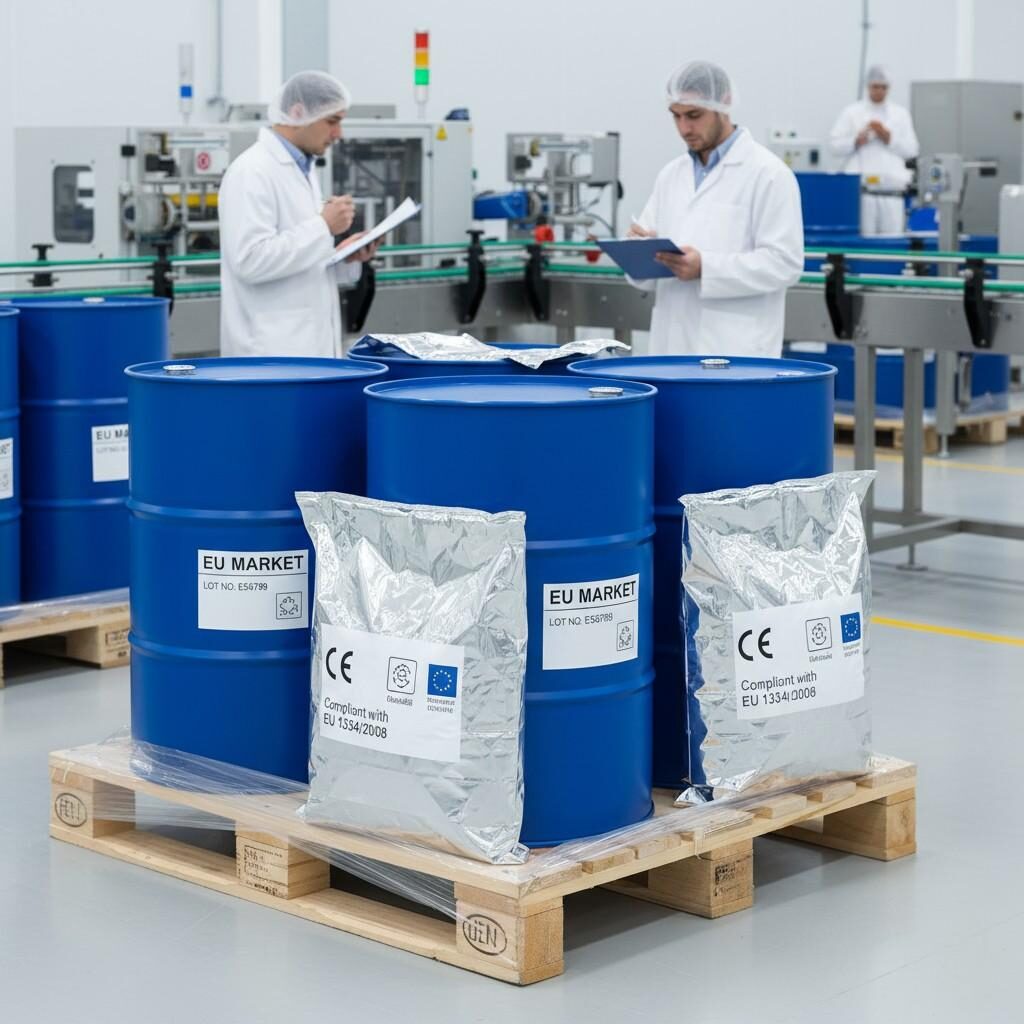 Photo d'une chaîne de fabrication d'arômes produisant avec diligence des fûts et des sacs emballés pour l'exportation et clairement étiquetés pour le « marché de l'UE ». L'emballage affiche fièrement les numéros de lot essentiels, les marques de conformité et les icônes réglementaires, notamment « Conforme à la norme UE 1334/2008 », démontrant le respect des réglementations strictes de l'Union européenne en matière d'arômes.