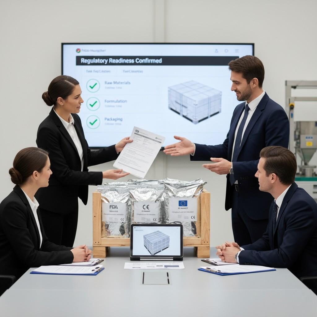 Image professionnelle illustrant une réunion au cours de laquelle une équipe de fournisseurs d'arômes examine méticuleusement l'emballage, l'expédition et la documentation réglementaire d'un client fabricant de produits alimentaires. Le visuel met l’accent sur le processus détaillé visant à garantir la préparation et la conformité réglementaires des modules d’arômes, de la production à la livraison.