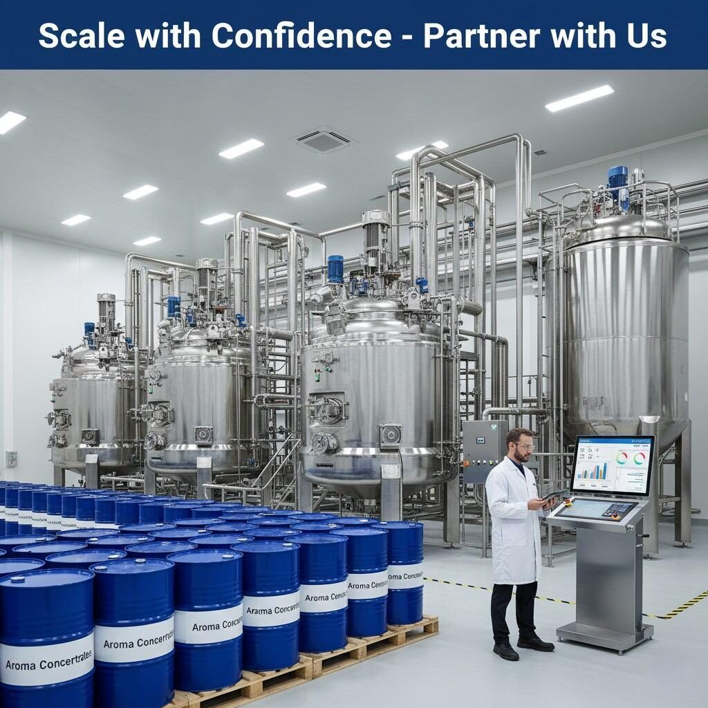 Découvrez une usine moderne de fabrication d'arômes à l'échelle commerciale comprenant de grands récipients de mélange, des rangées de fûts de concentrés d'arômes et un opérateur examinant les KPI sur un tableau de bord sur tablette. Cette image incarne la confiance professionnelle dans la production d’arômes à grande échelle.