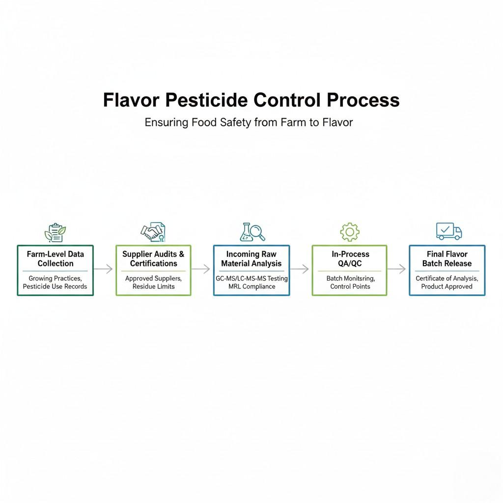 Un organigramme clair illustrant le processus complet de contrôle des pesticides pour les arômes. Il décrit les étapes clés depuis la collecte de données au niveau de l'exploitation agricole et les audits des fournisseurs jusqu'à l'analyse des matières premières entrantes, le contrôle qualité en cours de processus et la libération finale du lot d'arômes, en mettant l'accent sur la sécurité alimentaire de la ferme à l'arôme.