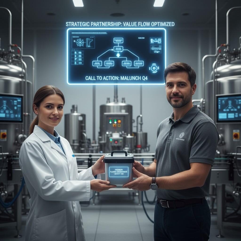 Une photo professionnelle montrant un moment stratégique de partenariat dans la chaîne d'approvisionnement, avec une femme en blouse de laboratoire et un homme en polo échangeant un contenant étiqueté « Premium Flavor Concentrate ». L'arrière-plan présente des équipements industriels et un affichage holographique mettant en évidence « Partenariat stratégique : flux de valeur optimisé » et un « Appel à l'action ». Idéal pour illustrer la collaboration B2B et l’échange critique de composants de grande valeur.