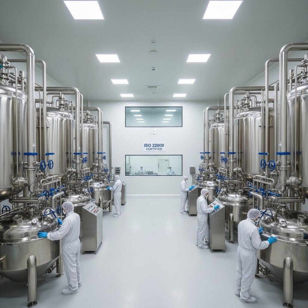 Une photographie grand angle présentant une usine de fabrication d'arômes de pointe, certifiée ISO 22000. L’image présente des réacteurs en acier inoxydable impeccables dans un environnement de salle blanche impeccable, mettant l’accent sur les normes élevées de sécurité alimentaire et de contrôle qualité.