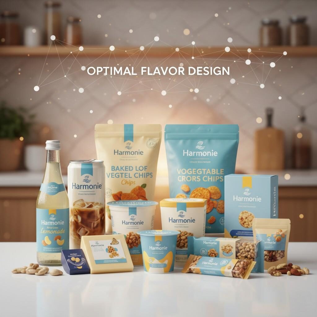 Une gamme visuellement attrayante de divers produits alimentaires (boissons, produits laitiers et collations), tous dotés d'une marque cohérente et attrayante. Cette image symbolise la forte satisfaction et la confiance des consommateurs qui peuvent être construites grâce à une conception optimale des saveurs et à une présentation cohérente de la marque à travers une gamme de produits diversifiée.