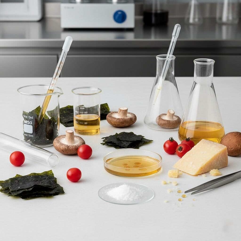 Une composition photographique épurée et moderne mettant en valeur la fusion harmonieuse de la science et de la nature. Des ingrédients naturels umami comme les champignons, le kombu, les tomates et le fromage vieilli sont astucieusement disposés aux côtés de la verrerie de laboratoire scientifique, symbolisant l'approche précise et innovante de la compréhension et de l'amélioration de la saveur. Idéal pour les publications scientifiques sur l’alimentation, l’innovation culinaire et l’image de marque alimentaire moderne.