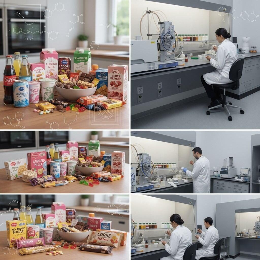 produits à faible teneur en sucre, innovation alimentaire, R&D en laboratoire, science alimentaire, boissons, snacks, produits laitiers, développement des arômes, GC-MS, évaluation sensorielle, technologie alimentaire, développement de produits, analyse chimique, science du goût, recherche alimentaire, réduction du sucre, industrie alimentaire, recherche scientifique, tests de produits, tendances du marché