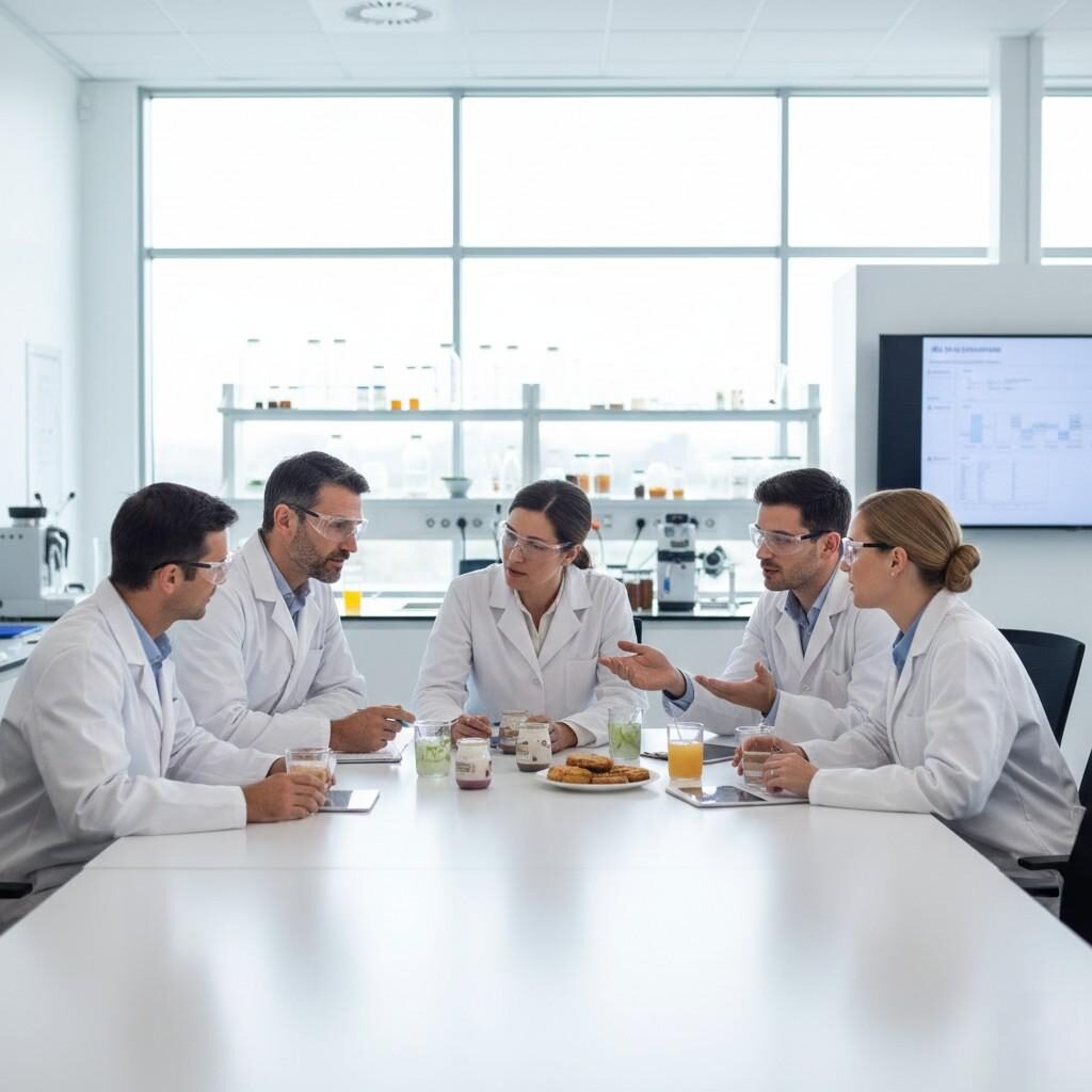 Une équipe professionnelle d'aromaticiens et de scientifiques de l'alimentation collabore dans un centre de R&D lumineux et moderne, examinant les prototypes de produits autour d'une table de conférence. Cette image incarne un partenariat expert et un travail d'équipe dévoué, mettant en valeur l'esprit de collaboration essentiel pour stimuler l'innovation dans l'industrie agroalimentaire.