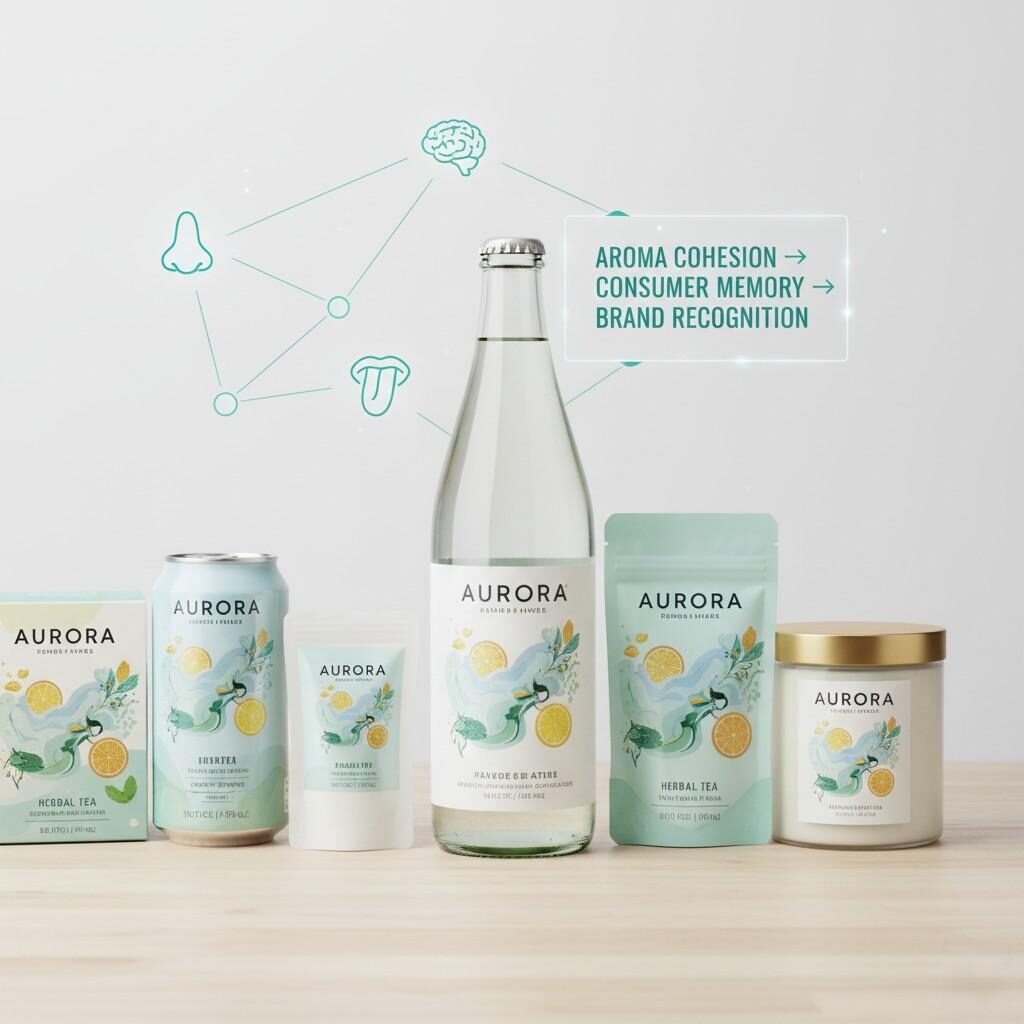 Représentation visuelle d'une gamme de produits démontrant une marque parfum-saveur cohérente sur plusieurs SKU. Cette image montre à quel point la cohésion aromatique est un outil puissant pour renforcer la mémoire du consommateur et favoriser la reconnaissance de la marque à long terme.