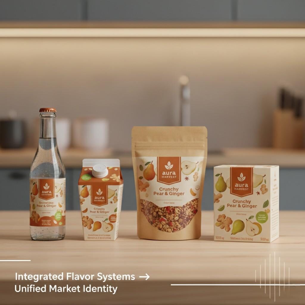 Une gamme de produits visuellement unifiée comprenant des boissons, des produits laitiers et des collations, démontrant tous une marque de saveur cohérente. Cette image montre comment les systèmes d'arômes intégrés renforcent efficacement l'identité du marché et améliorent la reconnaissance de la marque dans plusieurs catégories d'aliments et de boissons.