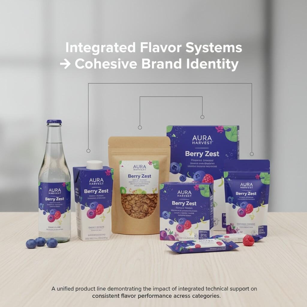 Une représentation visuelle d'une gamme diversifiée de produits comprenant des boissons, des produits laitiers, des produits de boulangerie et des snacks, démontrant comment des systèmes d'arômes cohérents et un support technique intégré génèrent une identité de marque cohérente et forte dans plusieurs catégories alimentaires, garantissant des performances d'arôme constantes.