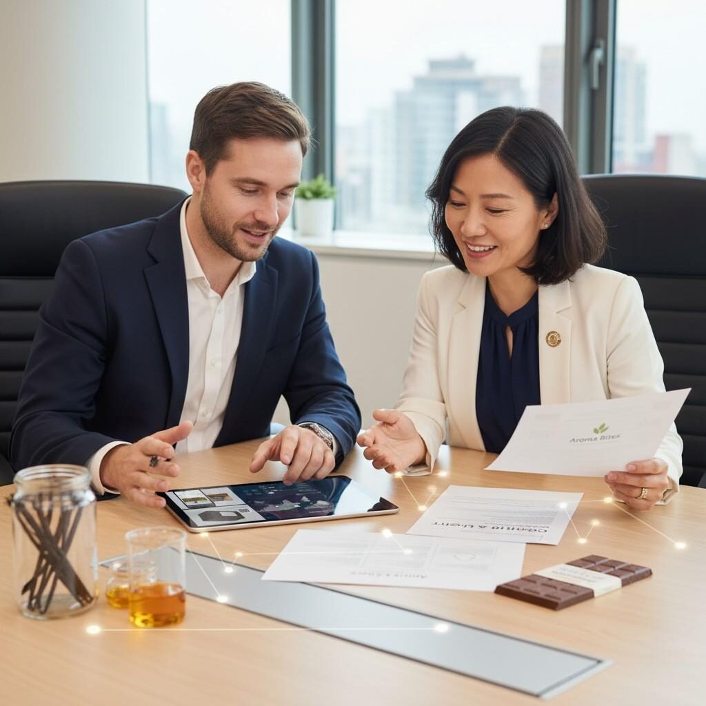 Cette image montre un fournisseur d'arômes et un représentant d'une marque F&B collaborant sur des données de traçabilité, symbolisant la forte confiance favorisée par la transparence totale de la chaîne d'approvisionnement. Il souligne l’importance du partage des données et de la documentation sur l’origine dans l’établissement de partenariats solides et fiables au sein de l’industrie agroalimentaire.