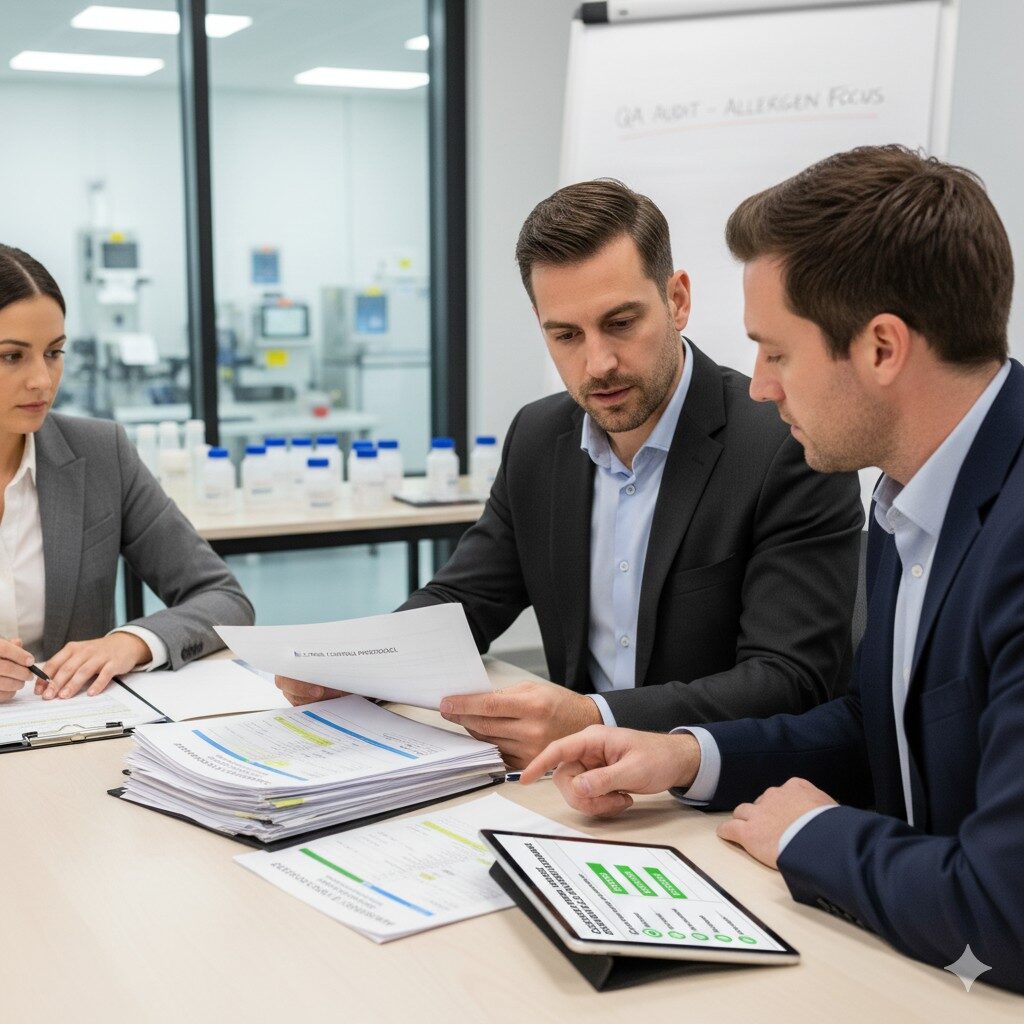 Une photo professionnelle capturant un audit d'un fournisseur d'arômes ou une réunion d'assurance qualité, démontrant un examen approfondi de la documentation des lots en mettant l'accent sur le contrôle des allergènes et l'assurance collaborative des clients dans la chaîne d'approvisionnement de l'industrie alimentaire.
