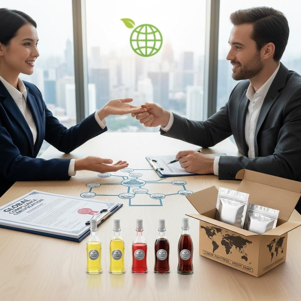 Une image mise en scène par des professionnels représentant un fournisseur d'arômes et un représentant d'une marque mondiale de boissons examinant des modules d'arômes certifiés, des documents de certification et des emballages d'exportation, symbolisant un partenariat solide, un engagement en faveur de la conformité et une expansion stratégique du marché dans l'industrie alimentaire et des boissons.