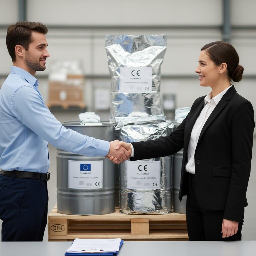 Une image professionnelle montrant un fournisseur d'arômes et un représentant d'une marque d'aliments et de boissons basée dans l'UE se serrant la main, symbolisant un partenariat réussi et un accès au marché de l'UE. En arrière-plan, des modules de saveurs packagés pour l'exportation et une documentation de conformité visible soulignent le processus rigoureux derrière leur collaboration.