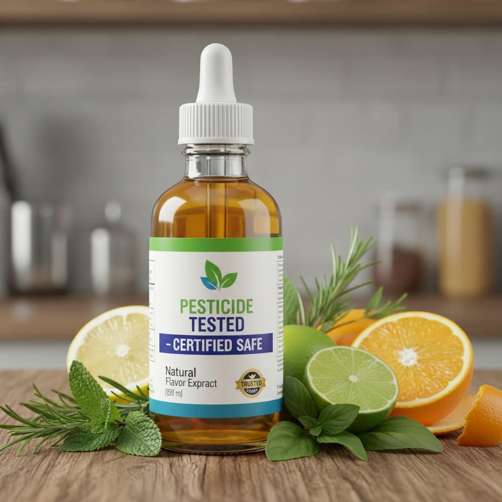 Une bouteille d'arôme naturel fièrement étiquetée « Pesticide Tested – Certified Safe » côtoie des herbes fraîches et des agrumes vibrants. Cette image symbolise puissamment la pureté, la confiance et l’engagement envers la sécurité associés aux ingrédients aromatisés naturels de haute qualité.