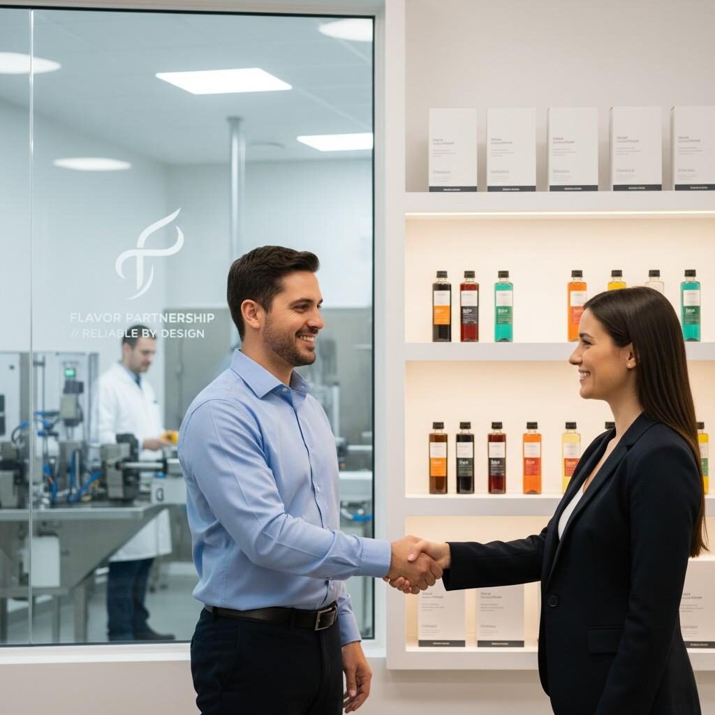 Une photo professionnelle montrant deux personnes se serrant chaleureusement la main devant un élégant emballage de produits aromatisés et un aperçu d'une installation de production propre en arrière-plan. Cette image symbolise avec force une collaboration de confiance et la continuité de l'approvisionnement, complétant parfaitement un appel à l'action en faveur d'un partenariat technique et mettant l'accent sur la fiabilité des clients dans l'industrie des arômes.
