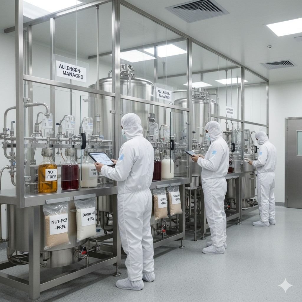  A high-resolution image showcasing a flavor manufacturing lab line in a pristine cleanroom environment, highlighting operators in allergen-controlled production. This visual emphasizes strict allergen management practices in the creation of flavor ingredients, ensuring food safety and quality.