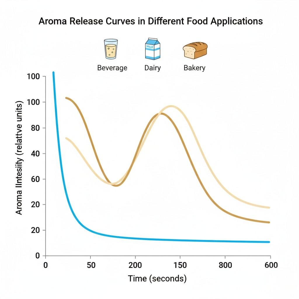 This diagram illustrates the typical aroma release curves across different food matrices, specifically beverages, dairy products, and bakery items. It provides a visual representation of how aroma intensity changes over time in these various applications, crucial for understanding flavor perception and development in food science.