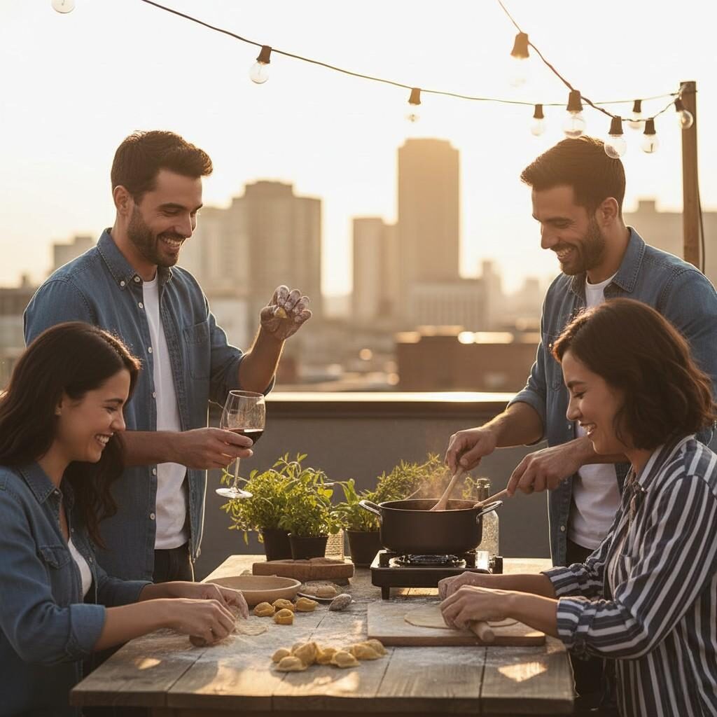 Friends enjoying a rooftop meal together, highlighting how shared culinary experiences and social conditioning reinforce positive emotional connections to specific food and beverage brands.