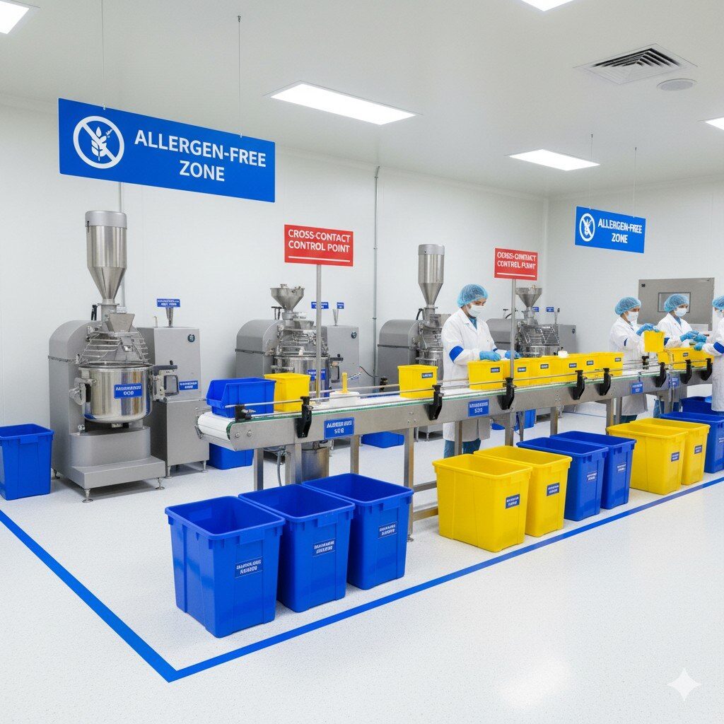 A photograph of a flavor production line featuring a dedicated allergen-free zone. It highlights color-coded blue and yellow bins, segregated equipment, and prominent signage to reinforce process separation and control against cross-contact in a clean manufacturing environment.