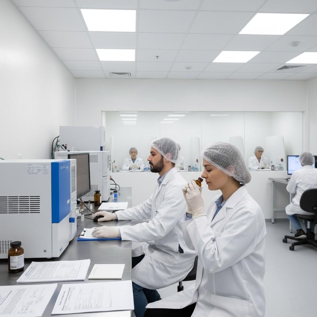 A photo showcasing a flavor testing laboratory where analysts perform technical compliance activities, including GC-MS and sensory assessment on flavor batches. They are also seen reviewing critical documentation labeled with "GRAS status" and "Food Additive Petition," highlighting the meticulous work involved in ensuring flavor regulatory compliance.