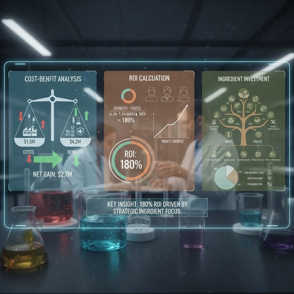 A futuristic dashboard displays a detailed cost-benefit analysis, ROI calculation showing 180% profit growth, and a breakdown of ingredient investment, all set within a modern laboratory environment. This image is ideal for illustrating financial planning and strategic decision-making in scientific or industrial contexts.
