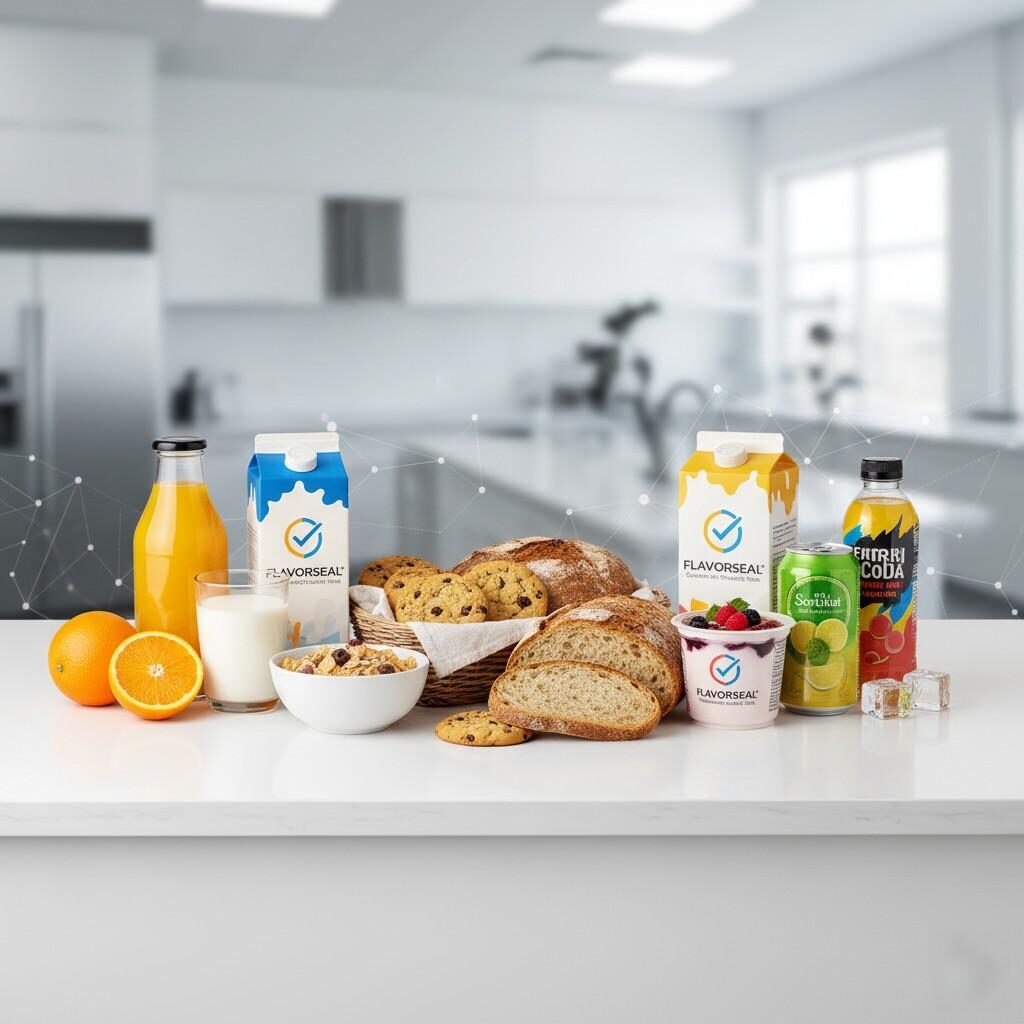 This compelling product lineup photo demonstrates the consistent flavor quality maintained by FlavorSeal across a diverse range of food and beverage applications, including refreshing juices, creamy dairy products, and delectable baked goods. The image symbolizes brand trust and technical excellence, showcasing how FlavorSeal contributes to superior taste experiences and consumer satisfaction.