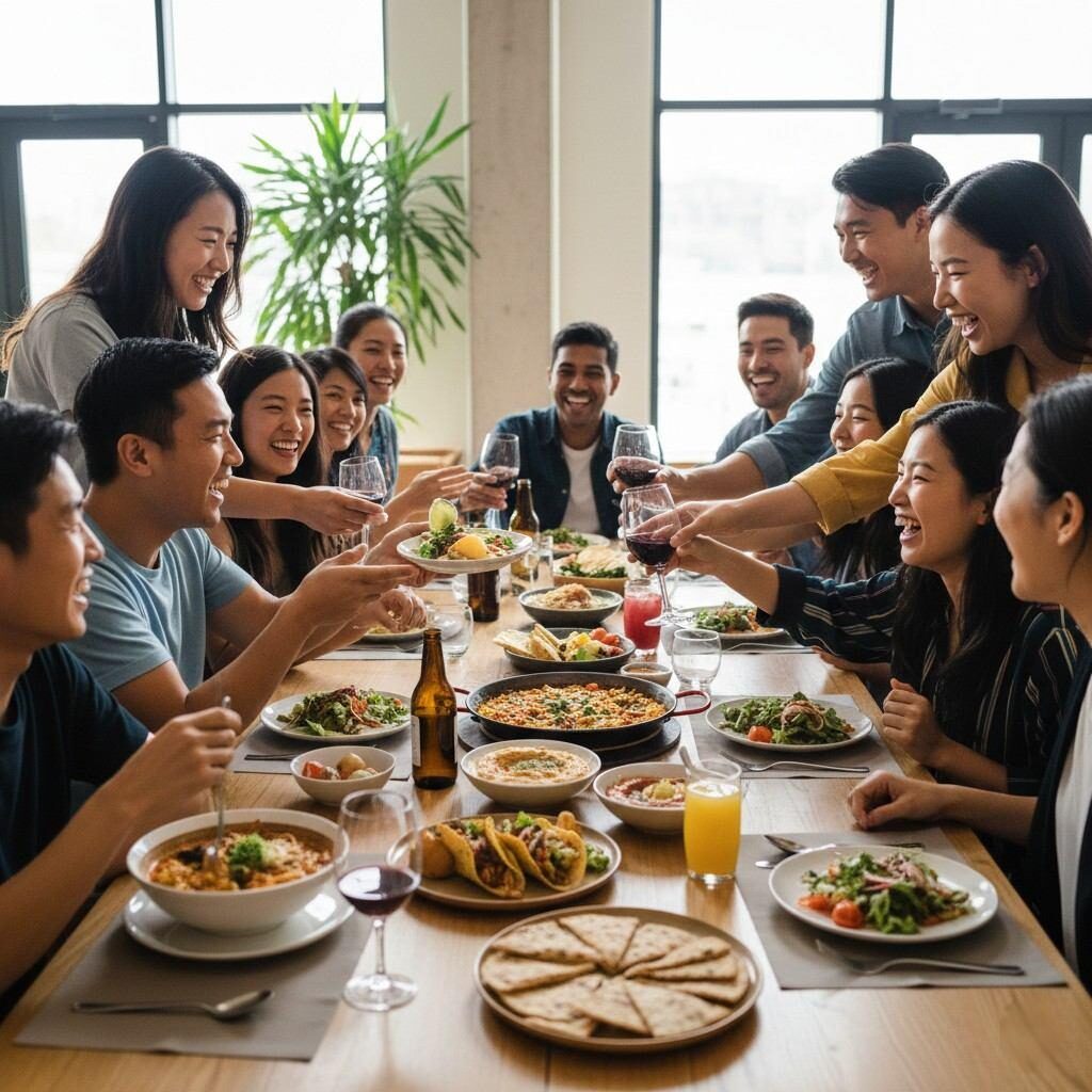 Capture the essence of joy and connection with this image of a diverse group of people from various cultural backgrounds. They are seen smiling and sharing a meal and drinks in a modern, brightly lit communal space, perfectly illustrating the universal pleasure found in good food and varied flavors, and the power of food to bring people together.