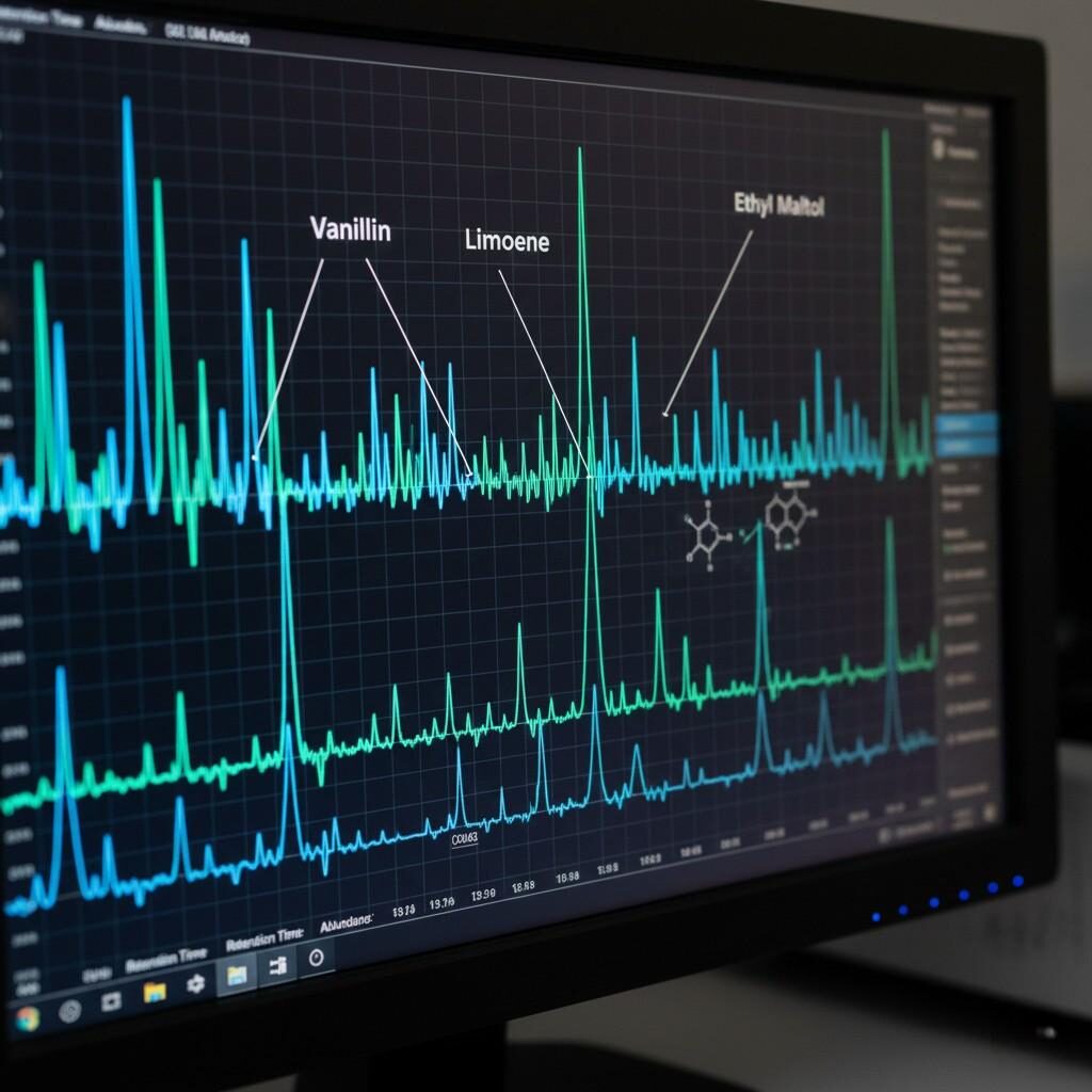 Ce gros plan détaillé en haute résolution montre le moniteur d'une unité GC-MS affichant un chromatogramme complexe. Les pics clés sont étiquetés avec des noms moléculaires tels que « Vanilline » et « Limonène », symbolisant l'identification chimique précise cruciale dans l'analyse des arômes.