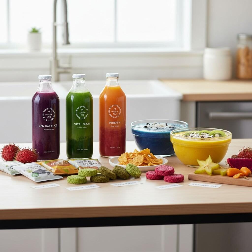 Une belle gamme de boissons fonctionnelles, de smoothies étagés et de collations à base de plantes qui les accompagnent. L'exposition met l'accent sur des couleurs naturelles vibrantes et des ingrédients propres, présentant des combinaisons de saveurs axées sur le bien-être, idéales pour une alimentation saine et un marketing de style de vie moderne.