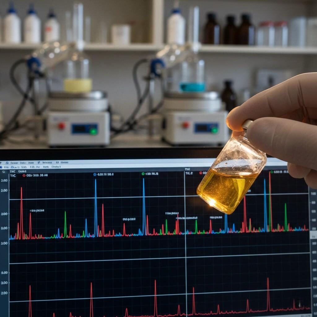 Un gros plan macro capturant la science précise de l’extraction des arômes. Un chimiste des arômes tient un flacon de liquide ambré devant un moniteur affichant un chromatogramme GC-MS détaillé, avec des évaporateurs rotatifs flous en arrière-plan, ce qui signifie une analyse de laboratoire de haute précision.