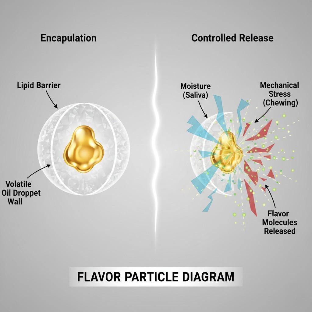 Diagramme stylisé illustrant une particule aromatique. Montre une huile volatile encapsulée par une paroi glucidique et sa libération contrôlée via l'humidité et le stress mécanique. Identifie la « barrière lipidique
