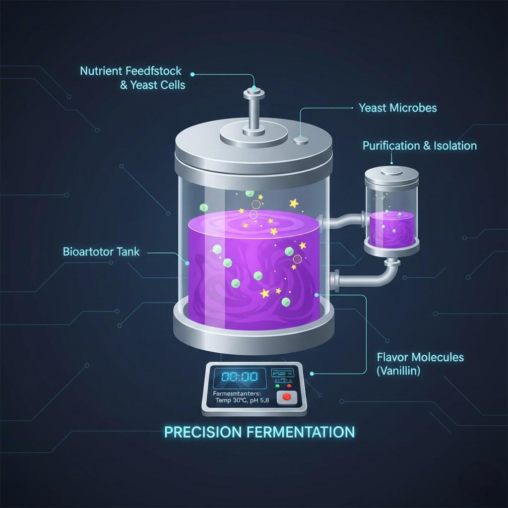 Schéma conceptuel de haute technologie illustrant la production avancée d'arômes, soit par extraction par fluide supercritique au CO₂ (SFE), soit par fermentation de précision à l'aide de levure dans un bioréacteur.