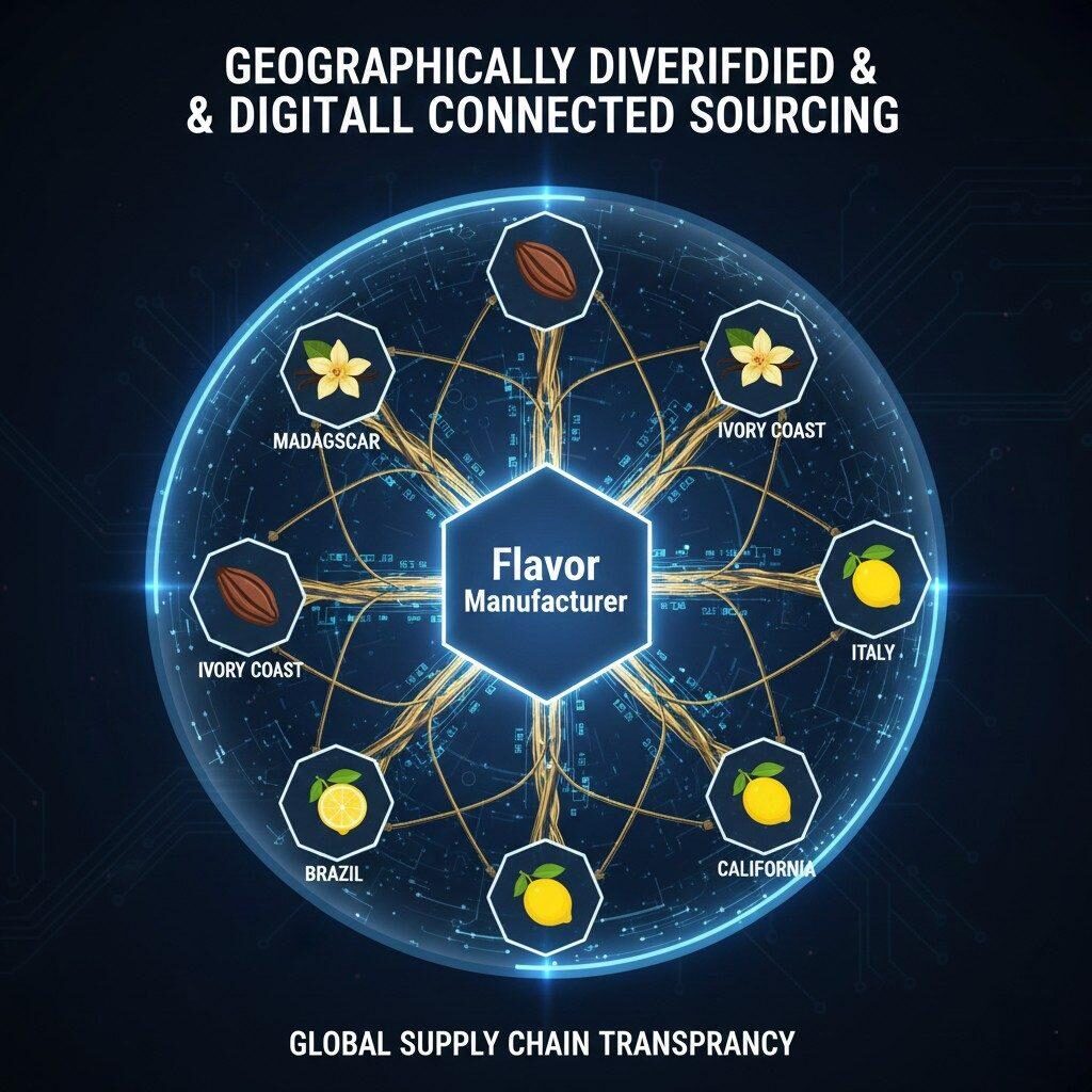Ce diagramme de réseau complexe, à code couleur, illustre « l'approvisionnement géographiquement diversifié et connecté numériquement ». Les icônes de produits clés (gousse de vanille, fève de cacao, citron) provenant de nœuds géographiques éloignés sont reliées par des lignes épaisses à un « fabricant d'arômes » central, mettant l'accent sur la transparence de la chaîne d'approvisionnement mondiale.