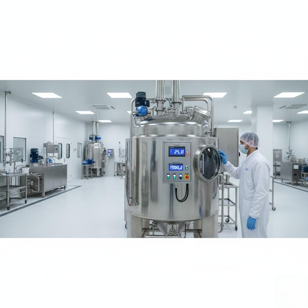 Une photo panoramique d'une salle de préparation d'arômes propre et moderne met en valeur un grand réservoir de mélange industriel en acier inoxydable avec des affichages numériques clairs. Un technicien en tenue GMP complète supervise le processus, mettant l'accent sur la précision et le contrôle stérile essentiels à la production d'arômes.