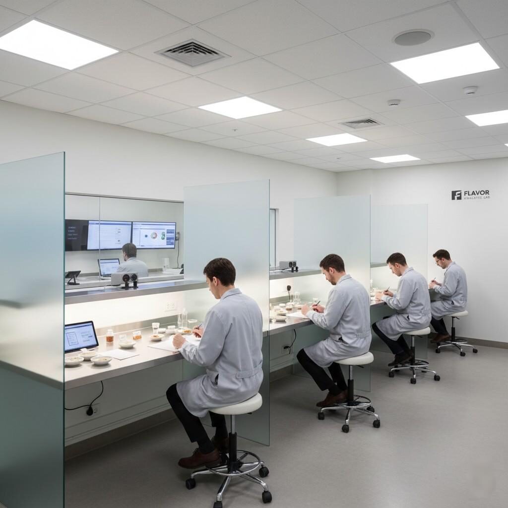 Sala de evaluación sensorial profesional con panelistas capacitados que realizan evaluaciones estructuradas en cabinas individuales, enfocadas en determinar la consistencia del sabor y realizar análisis de vida útil para nuevos productos de alimentos y bebidas.