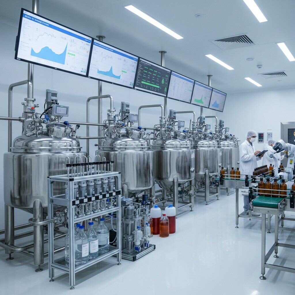 Ligne de production contrôlée d'arômes de qualité alimentaire équipée de récipients de mélange fermés, de systèmes de dosage automatisés et d'interfaces numériques de contrôle de la qualité pour garantir une formulation précise, la cohérence des lots et une fabrication efficace d'arômes à grande échelle.